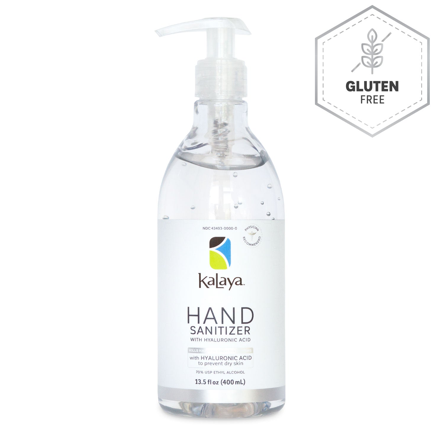 Clear bottle of Kalaya Antiseptic Hand Sanitizer with Hyaluronic Acid 13.5 fl oz, front - Gluten Free