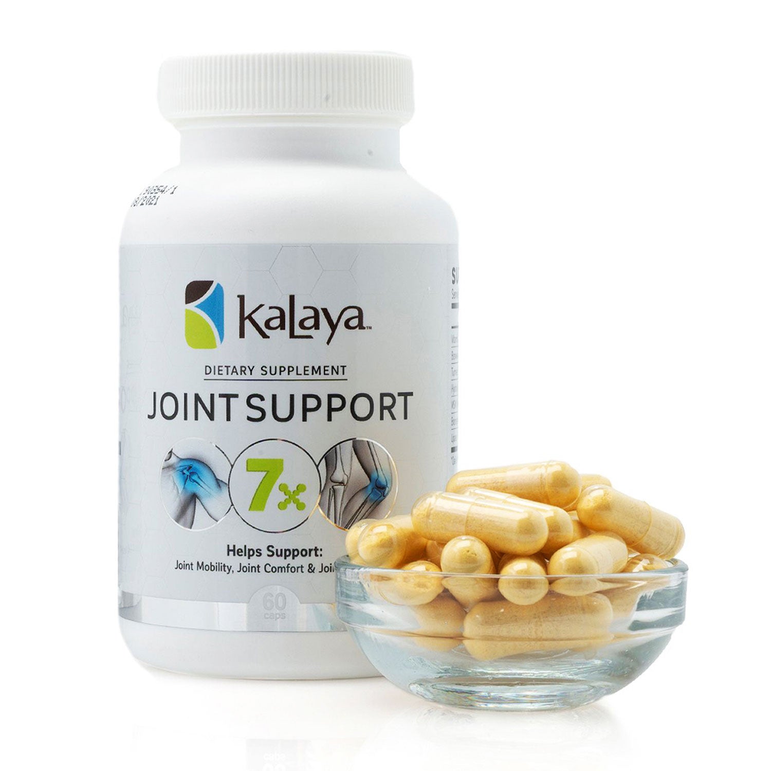 Bottle of Kalaya 7X Joint Support Dietary Supplement to Help Support Joint Mobility, Comfort and Health with 60 Capsules shown in small bowl